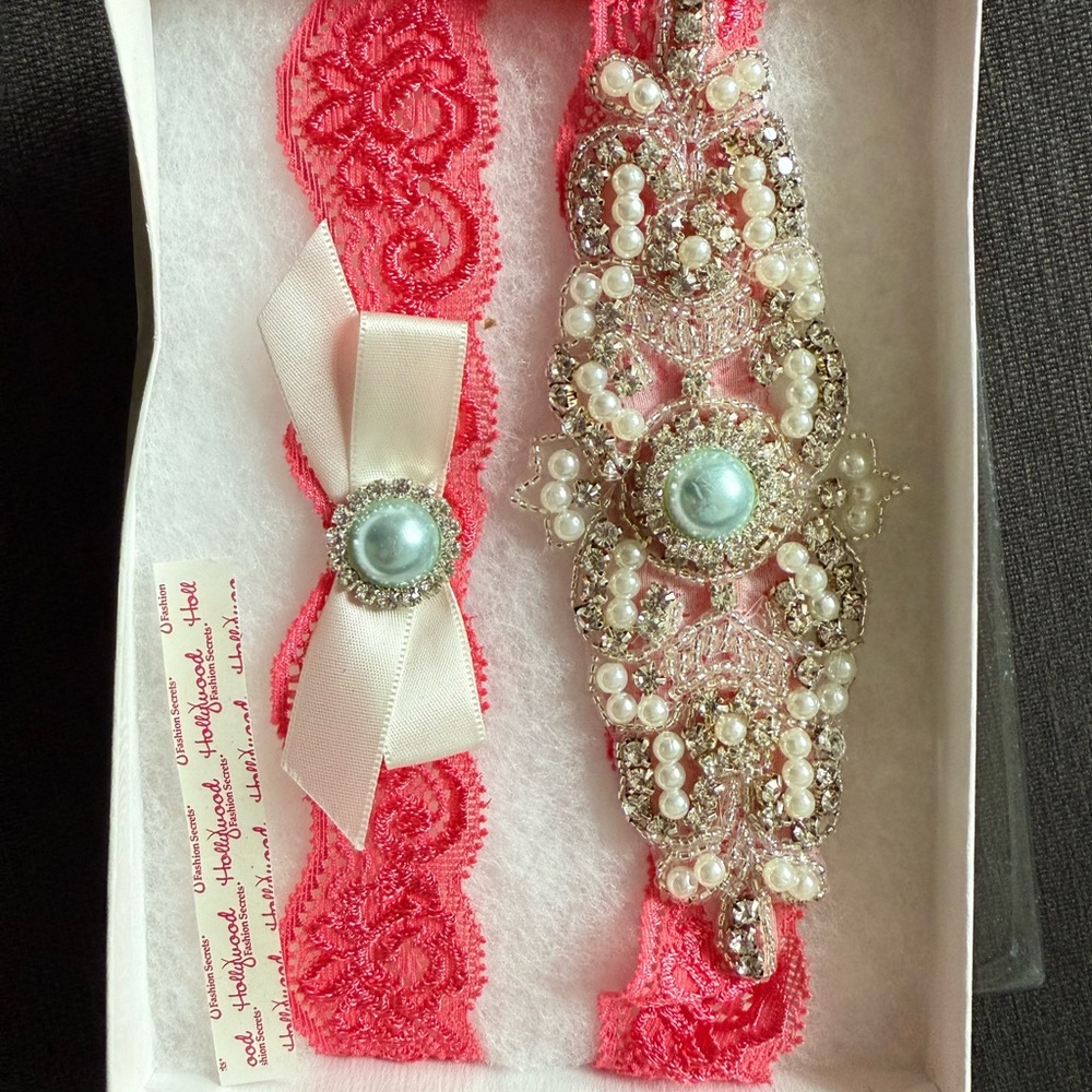 Elegant Pink Lace and Pearl Wedding Garter Set